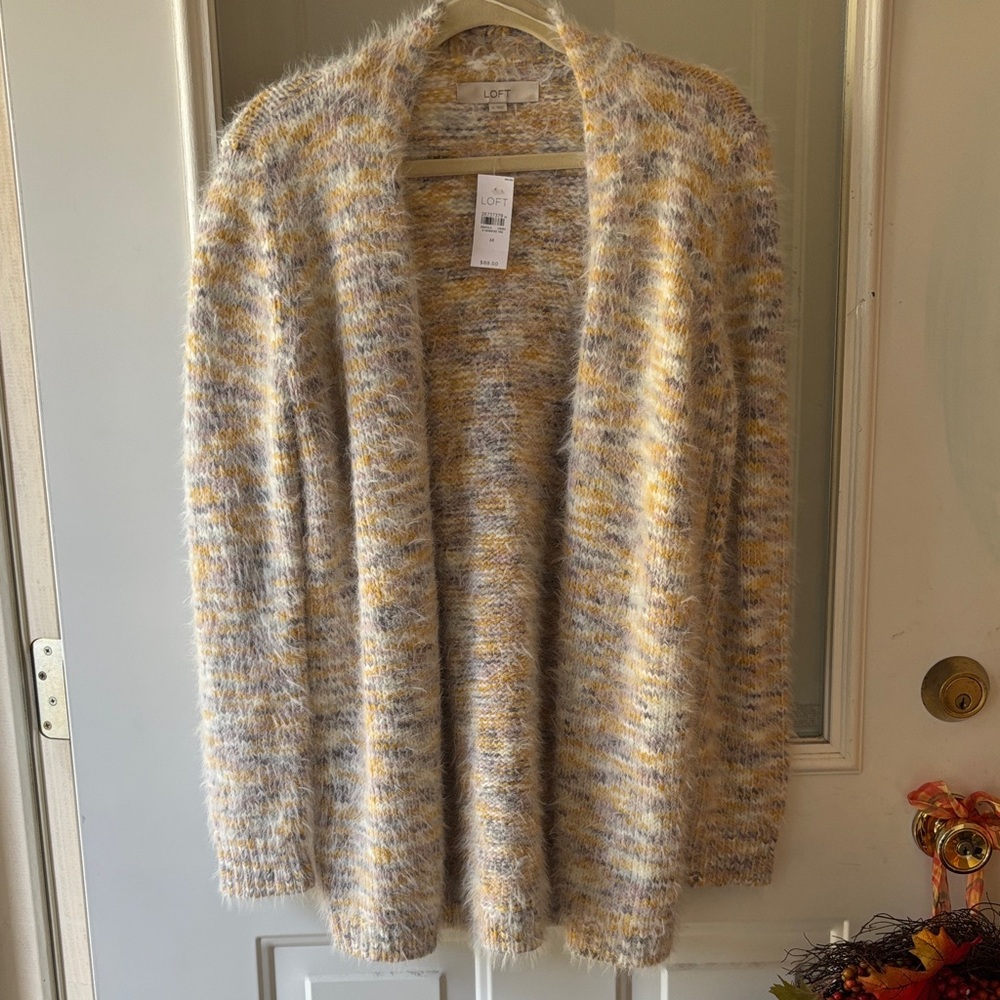 LOFT Multicolor Fuzzy Cardigan Pink Gold Gray Yellow
